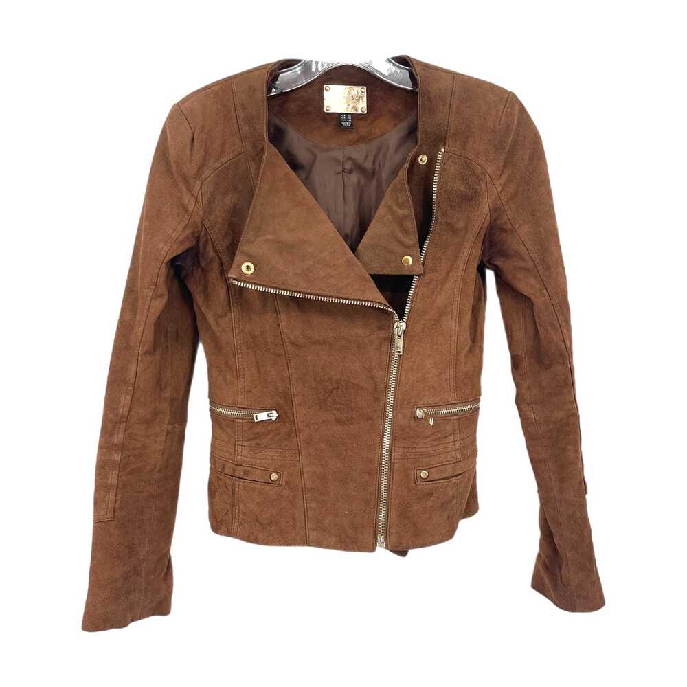 Mango Brown Leather Jacket | Classic Zipper Accent